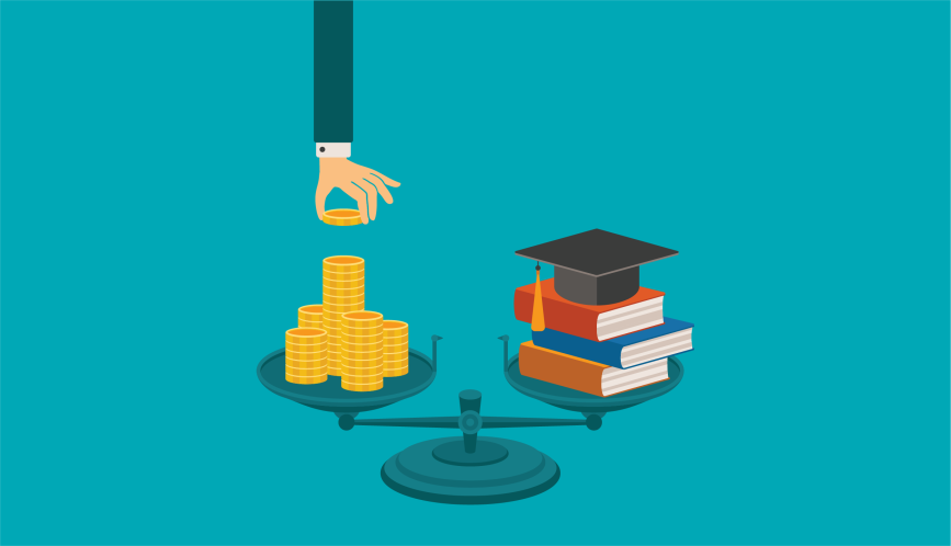 Scale weighing coins one side and books with a graduation cap on other side